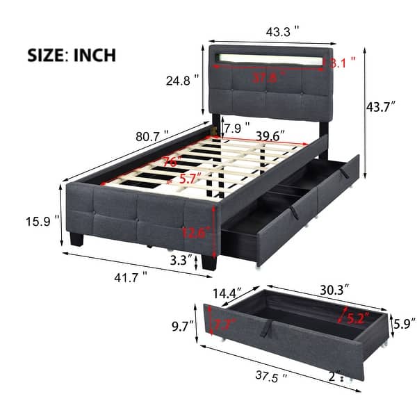 Twin Size Upholstered Platform Bed with LED Lighting and Storage Drawers, Modern Design with Lattice Headboard