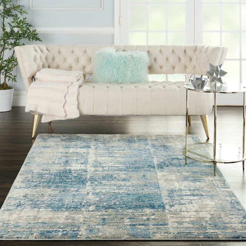 Nourison Solace Distressed Vintage Abstract Area Rug - 5'3" x 7'3" Rectangle - Ivory/Grey/Blue