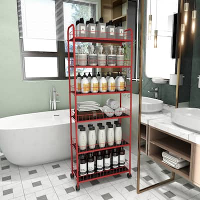 Red 6 Tier Slim Rolling Storage Cart(no include stool)