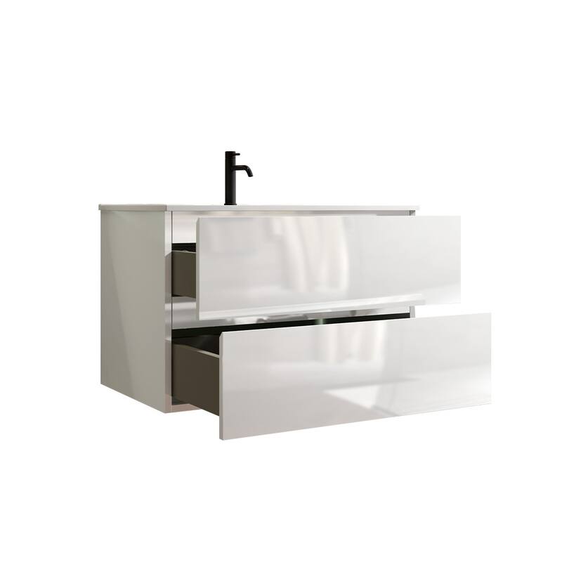 GDFStudio - Tia Wall-Mounted Bathroom Vanity with Ceramic Sink, Soft Close Drawers & U-Shaped Drainage