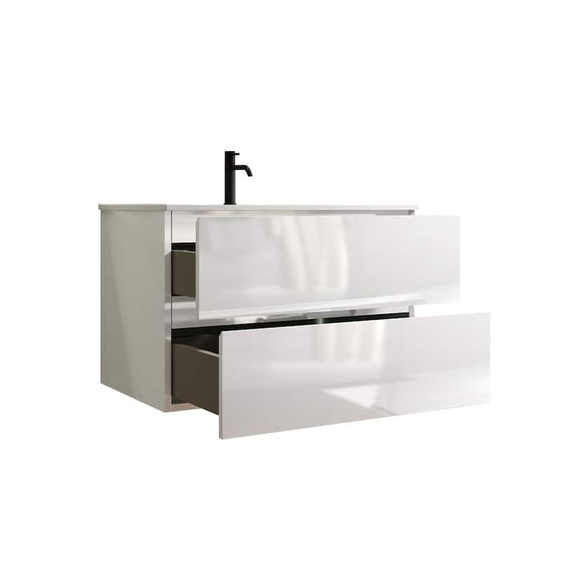 Wall Mount Glossy Bathroom Vanity with Ceramic Sink with Single Hole
