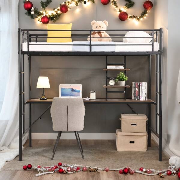 slide 2 of 8, Kids and Baby Twin Size Metal Loft Bed with Desk and Storage Shelves For Home Black