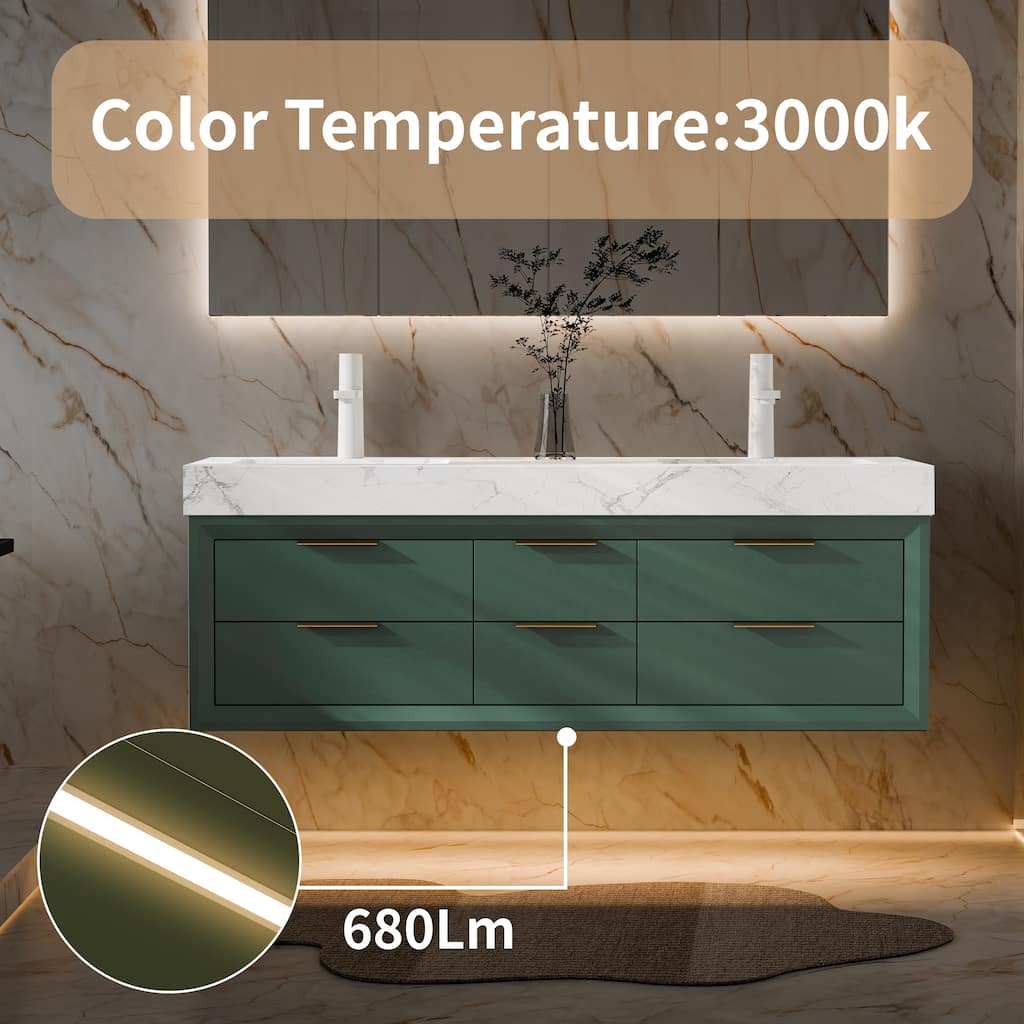 60" Wall-Mount Double Vanity with LED Light. - 60 inch