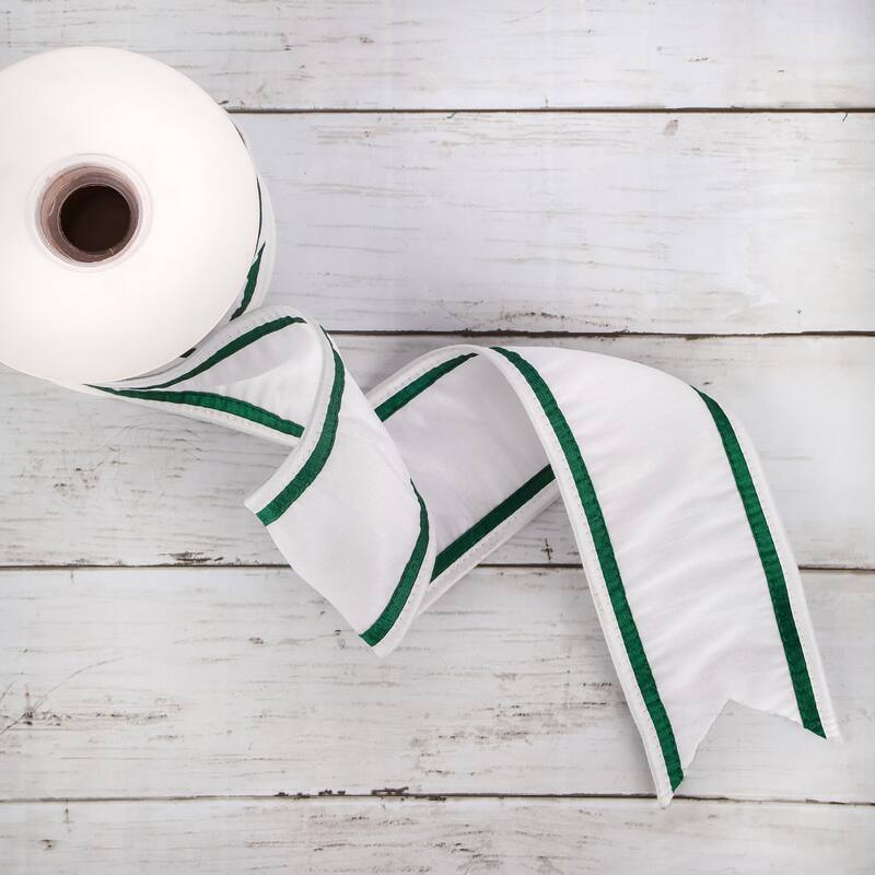 HGTV Home Collection Dupion Double Side Piping Ribbon, White Green, 3 in - 3 in