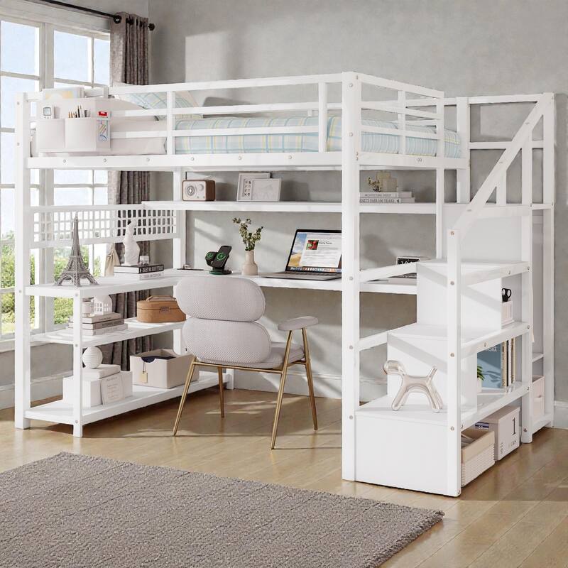 Full Size Metal Loft Bed with Staircase Storage, Wardrobe, L-Shaped Desk, Shelves, LED Lights and USB Charging Station