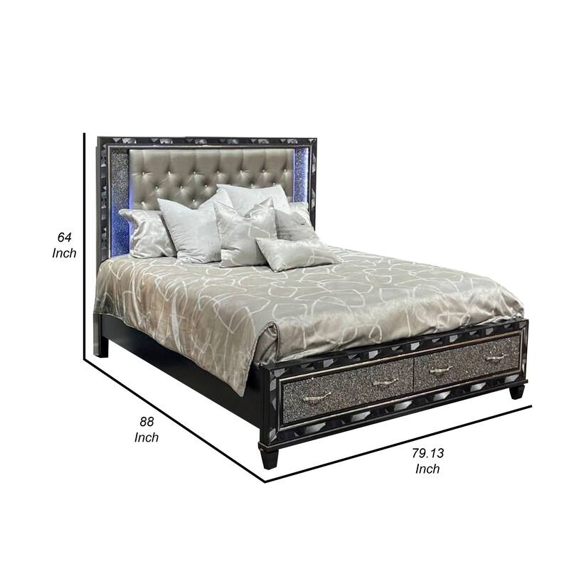 Bet King Bed, Silver Faux Leather Upholstery, LED, Crystal Accents, Black