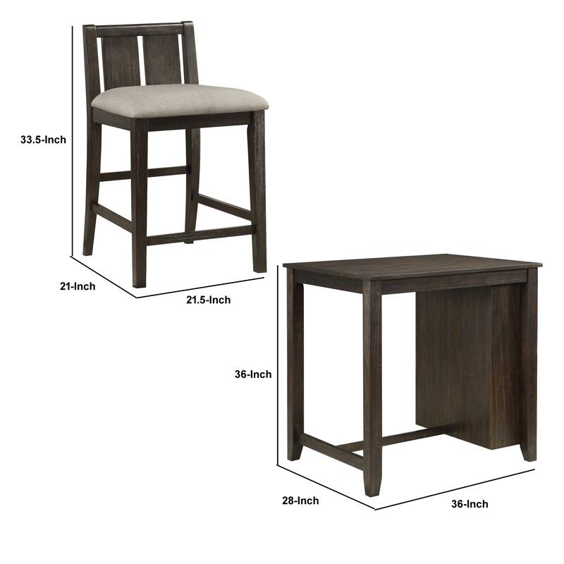 Wooden 3 Piece Counter Set with USB Plugin and Panel Back Chair, Brown