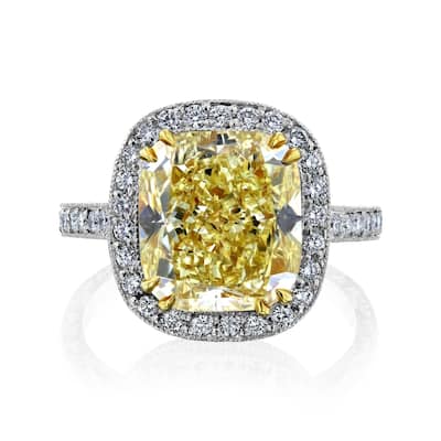 Kobelli 6.73 Carat Fancy Yellow & White Diamond GIA Certified Solid Platinum Cushion Halo Filigree Vintage Style Cordelia Ring