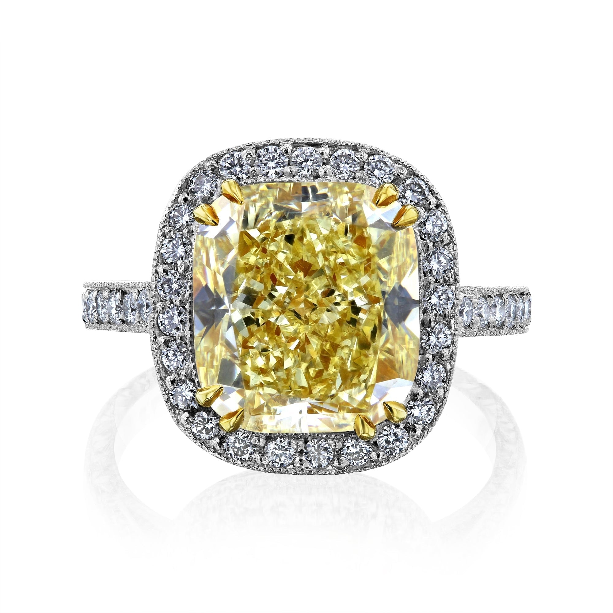 Kobelli 6.73 Carat Fancy Yellow & White Diamond GIA Certified Solid Platinum Cushion Halo Filigree Vintage Style Cordelia Ring