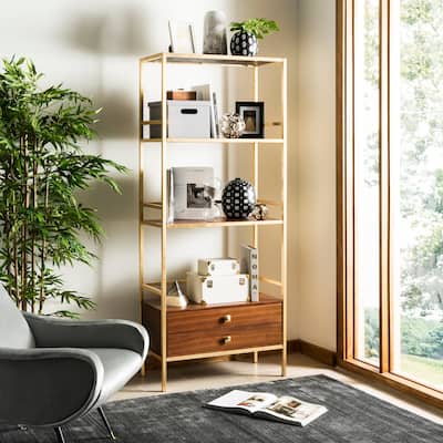SAFAVIEH Skylar 4-tier 1-Drawer Gold/ Grey Étagère - 30" x 14" x 72"