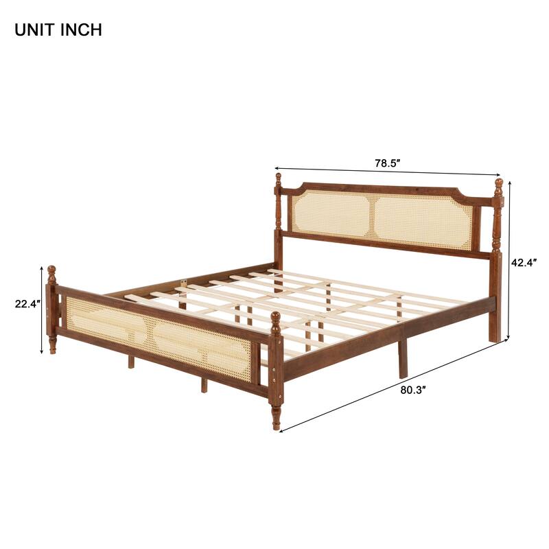 Solid Pinewood Storage Bed Frame, Queen/King Size Platform Bed with Rattan Headboard and Footboard, Spherical Head Bedposts