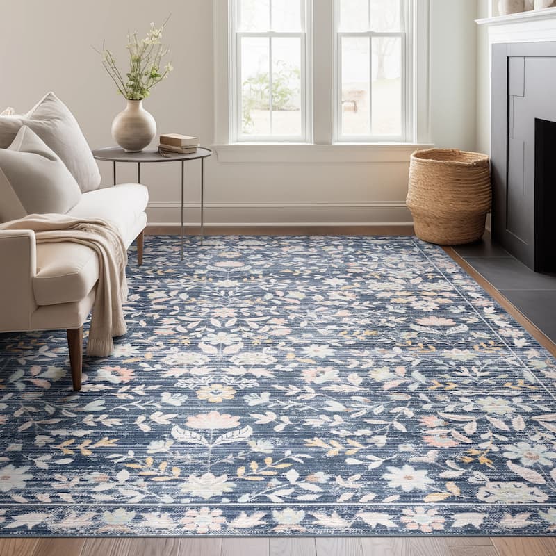Crosswood Helen Traditional Floral Indoor Polyester Area Rug - 7'10'' x 9'4'' - Navy/Aqua