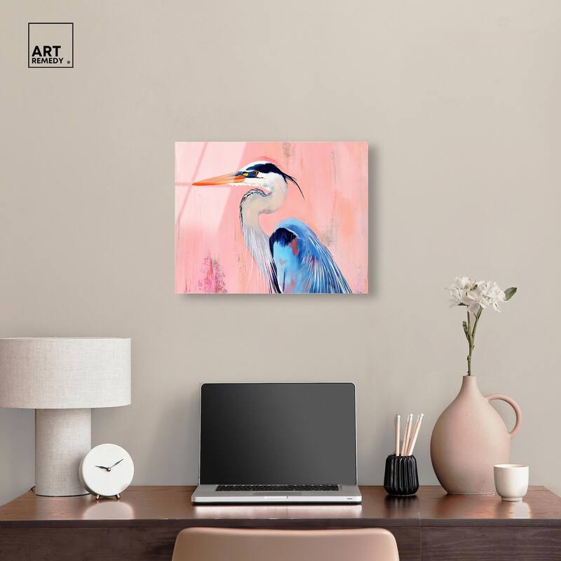 Rosy Dawn Heron Acrylic by Art Remedy, Ready to Hang
