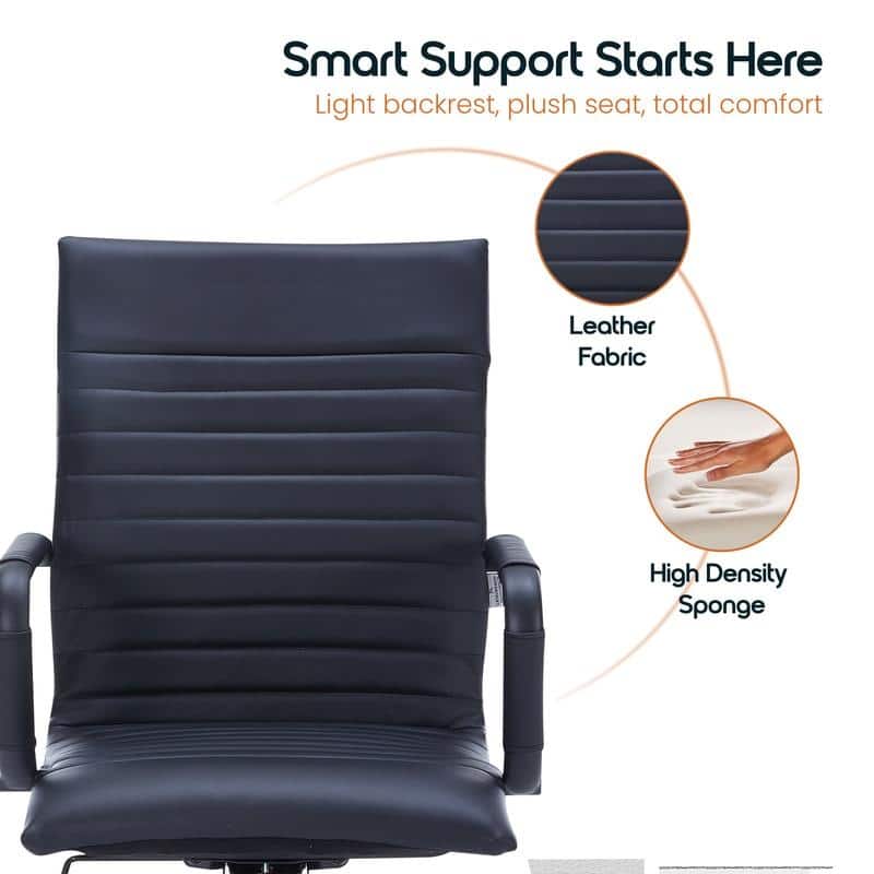 Harris Ribbed Leather Adjustable High-Back Desk Computer Swivel Office Chair in Black Metal Frame for Home Conference