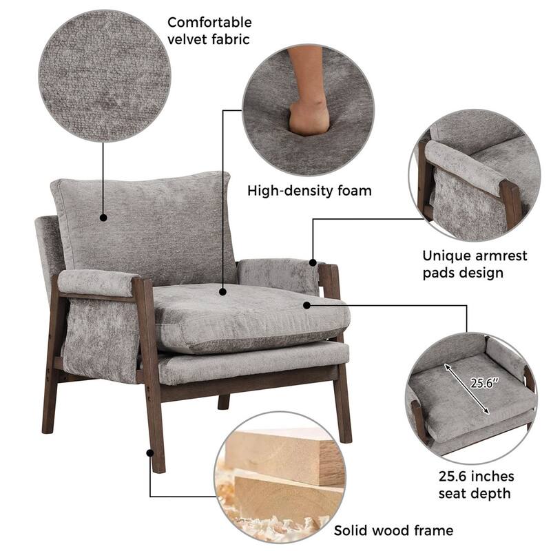 Mid-Century Velvet Living Room Accent Leisure Armchair with Solid Wood