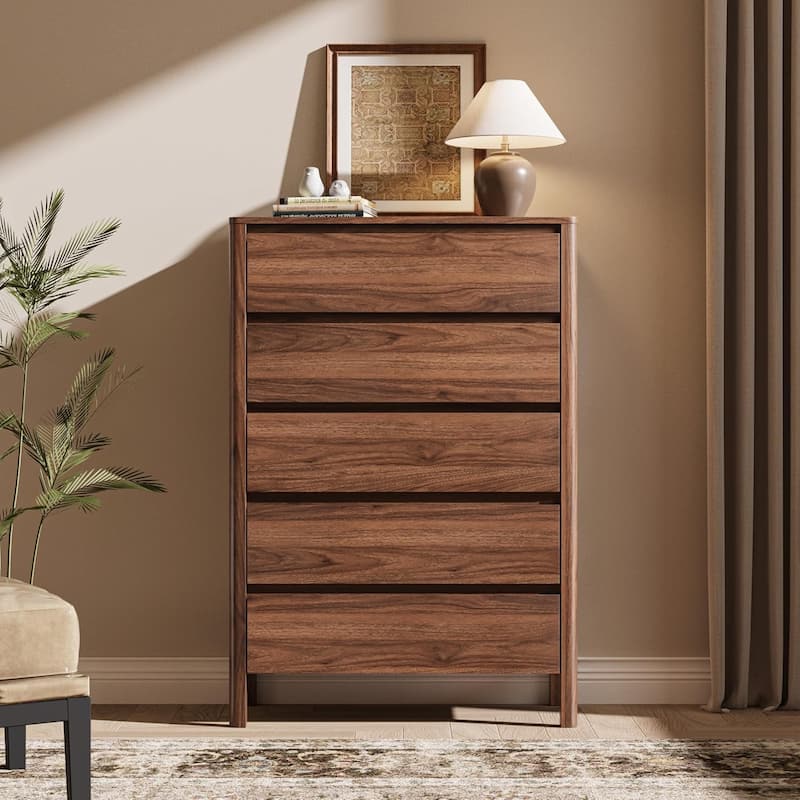 FURNIWAY Walnut Drawer Tall Dresser, Modern Chest with Hidden Handles, Storage Organizer