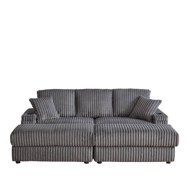 84" Corduroy Deep Seat Sofa Set with 5 Pillows for Livingroom 3-seater Storage Sofa with Ottoman and Cup-holding
