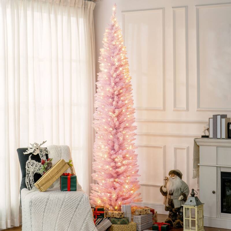 8 Feet Pencil Christmas Tree with 300 Warm White LED Lights and 618 Tip Perfect for Holiday Decor - 21.75" Dia. x 94.5"H
