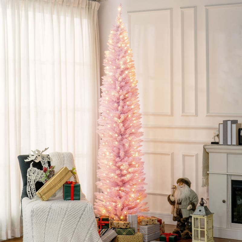 8 Feet Pencil Christmas Tree with 300 Warm White LED Lights and 618 Tip Perfect for Holiday Decor - 21.75" Dia. x 94.5"H - Pink