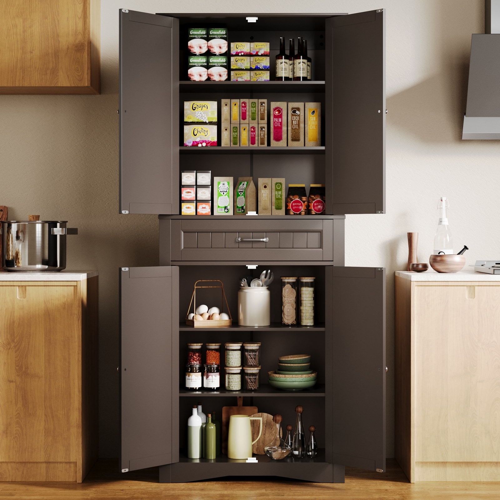 71'' Kitchen Pantry Storage Cabinet, Freestanding Pantry Organizers and Storage Cabinet with 4 Doors and 4 Adjustable Shelves