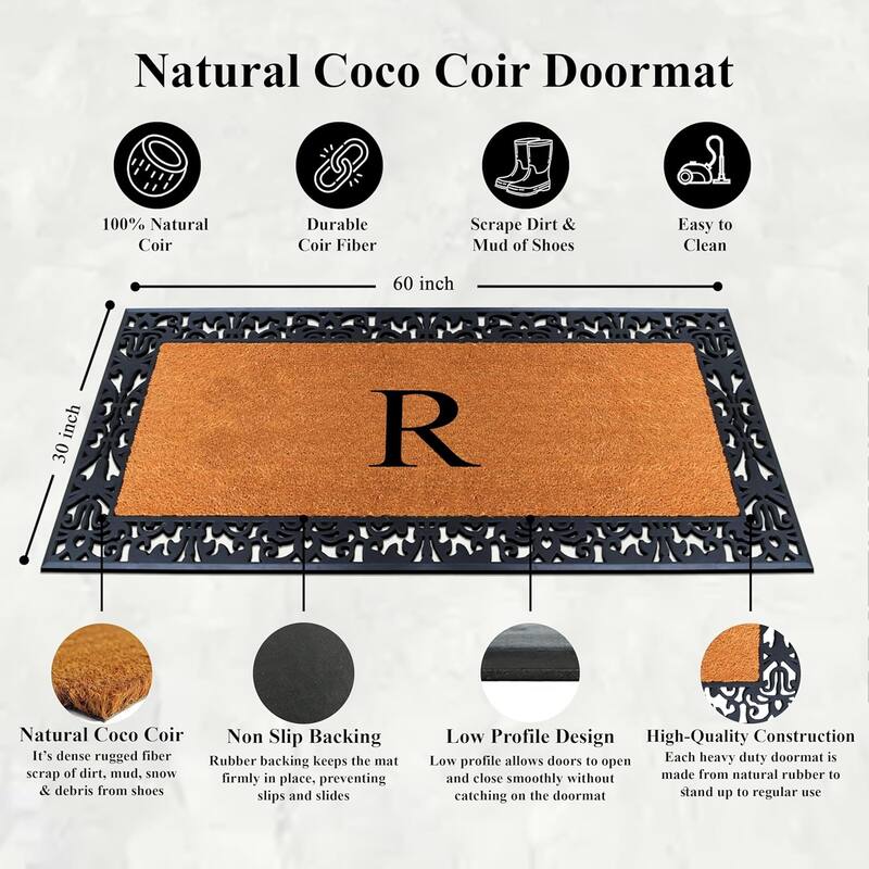 A1HC Rubber and Coir Paisley Border Heavy Duty Non-Slip Durable Double Door Monogrammed Doormat 30"X60", Black