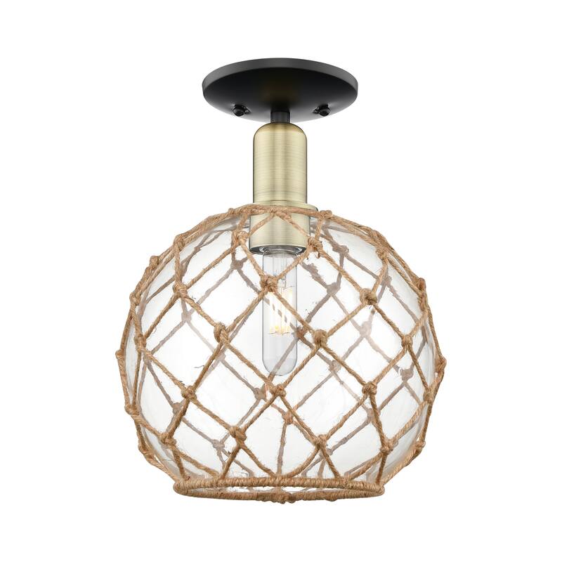 Innovations Lighting Endless Possibilities Arcadia - Farmhouse Rope - 1 Light 10" Semi-Flush Mount - Clear Glass with Brown Rope/Black Antique Brass
