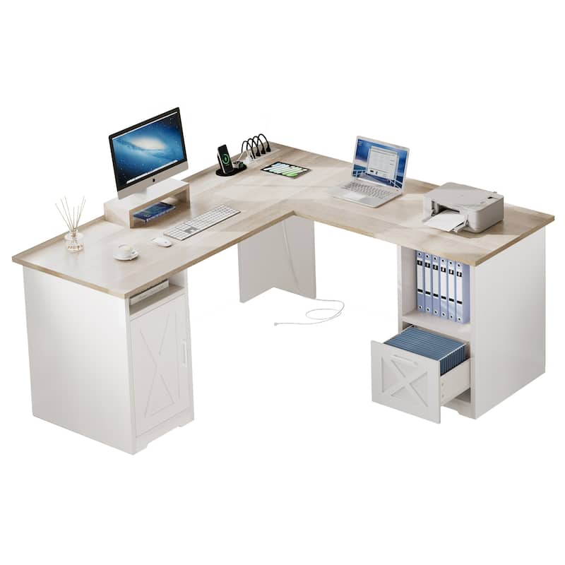 Moasis L Shaped Gaming Desk 59-Inch Computer Corner Desk with Monitor Stand - Grey White