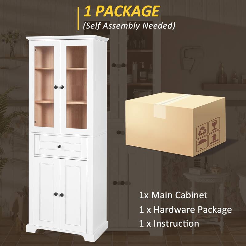 67.2"Tall Bathroom Storage Cabinet with Glass Doors, Adjustable Shelves & Drawer -Freestanding Linen Tower, Soft-Close Design