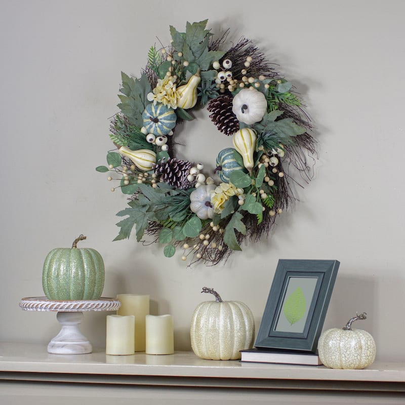 Pumpkins with Berries Artificial Fall Harvest Wreath - 22" - Green and White