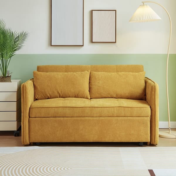 slide 2 of 6, Sofa Bed With Headboard, Pull Out Sofa Bed, Modern Fabric Love Seat Couch With 2 Pillows & 2 Adjustable Armrests Yellow