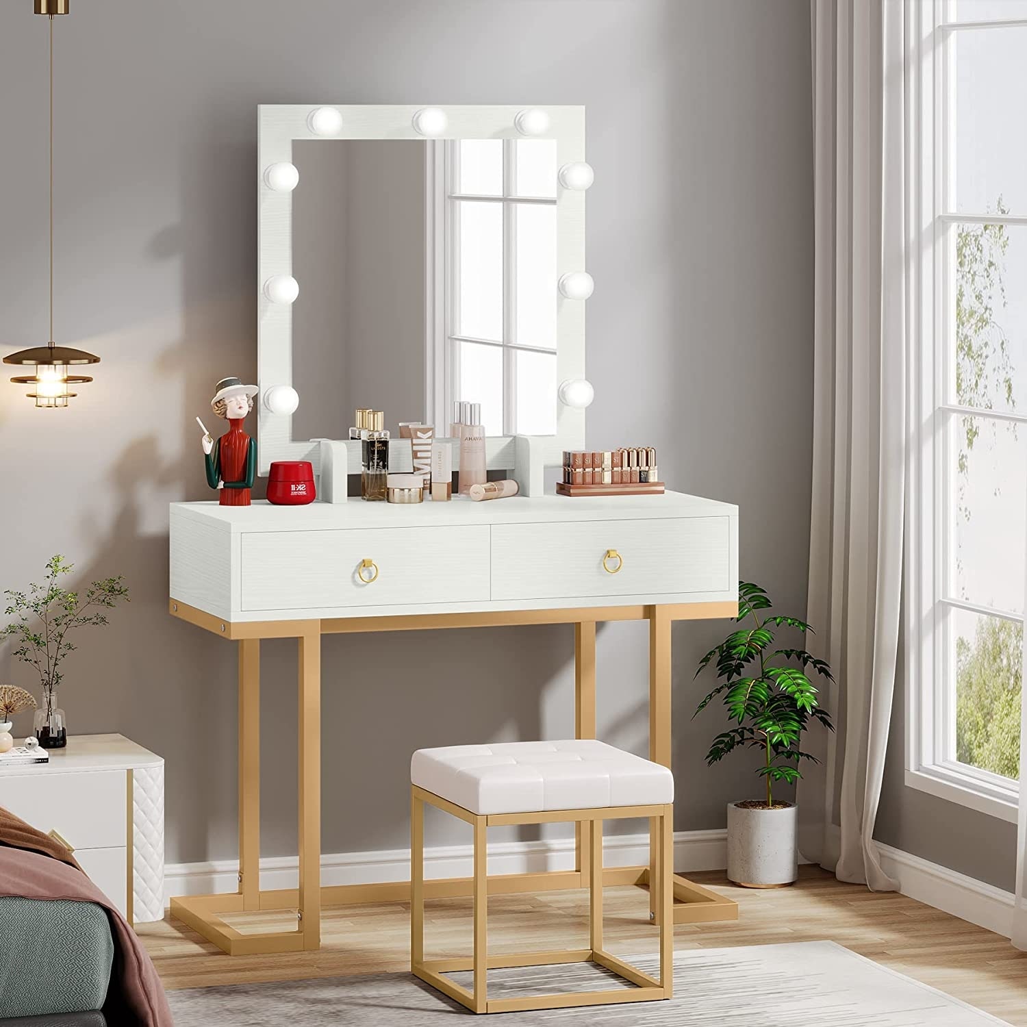 Mirror Chair Led Dressing Table Brown Bedroom Multifunctional