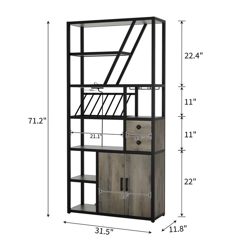 Wine Bar Cabinet with LED Lights, Tall Coffee Bar Station with Power Outlets and Wine Rack