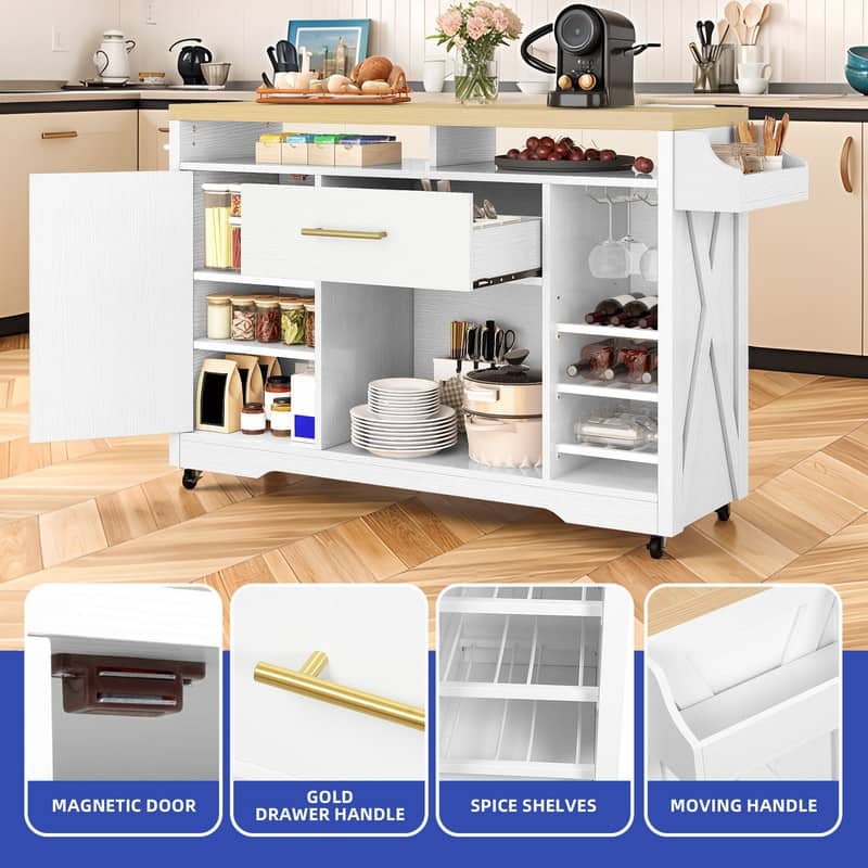 Moasis 47" Wide Mobile Kitchen Island Cart with Wine Storage Cabinet and Drawer&Power Outlet