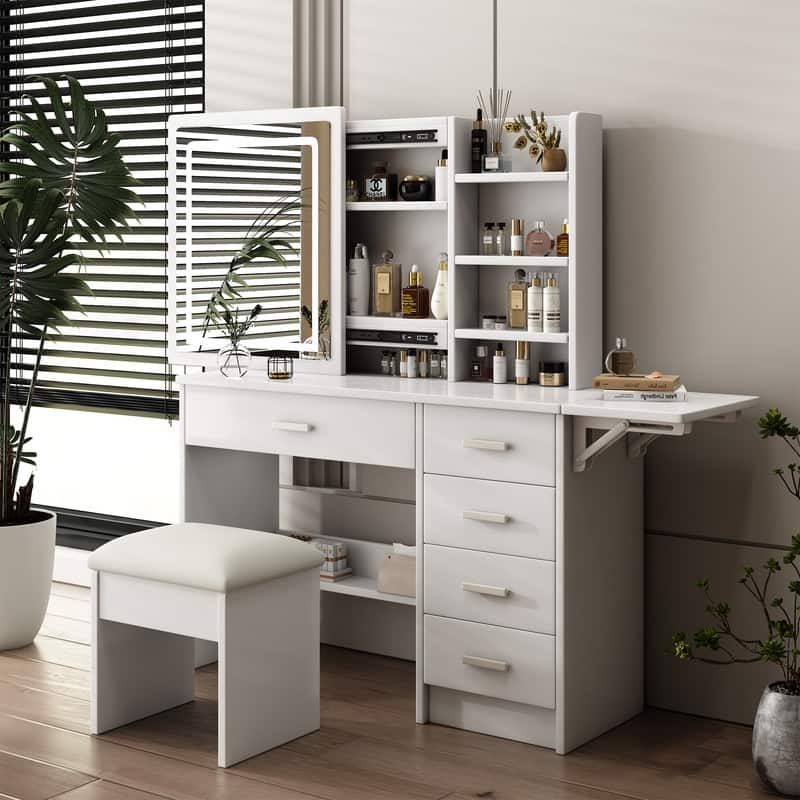 Vanity Dresser with Mirror and Stool Set Storage Drawers Luxury Furniture - White