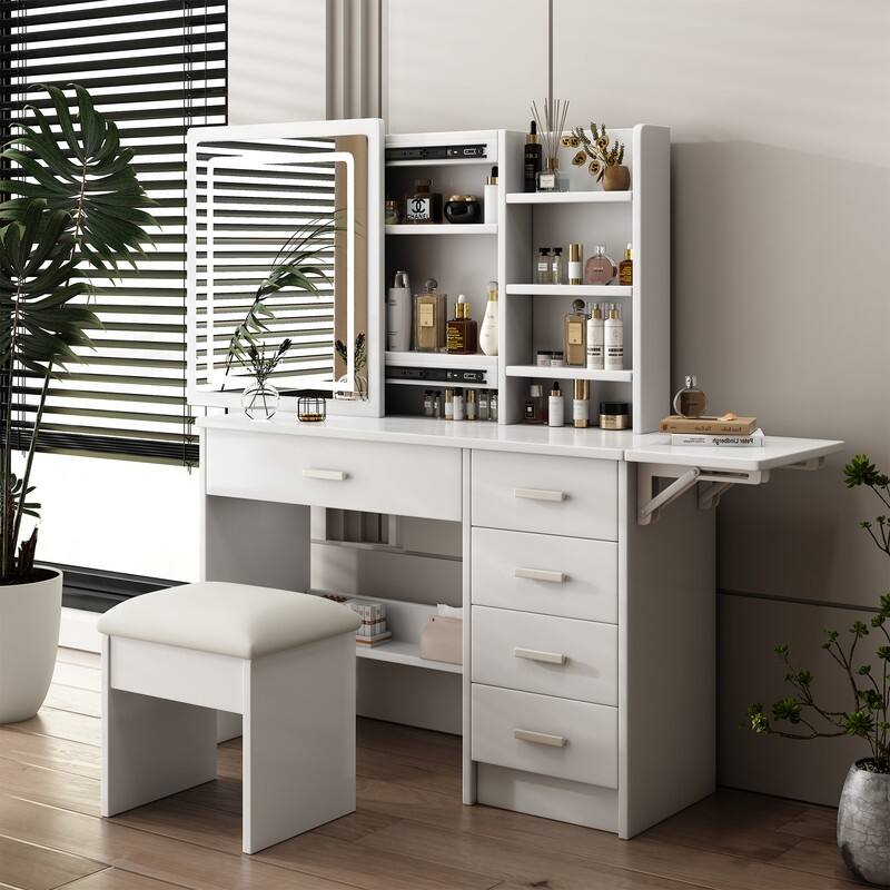 White LED Vanity Desk Set with Adjustable Mirror, 5 Drawers & Stool