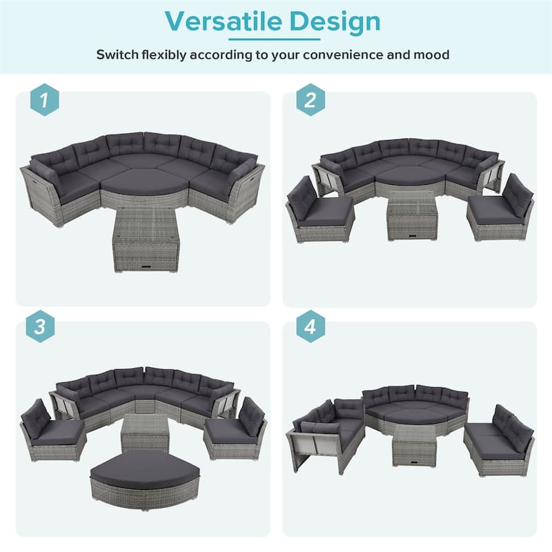 Outdoor Patio Rattan Sectional Set w/ Cushions & Table, Daybed Seating