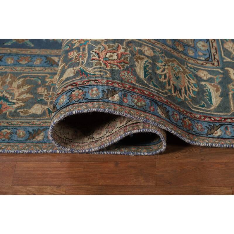 Distressed Blue Floral Tabriz Persian Area Rug Handmade Wool Carpet - 9'1"x 12'4"
