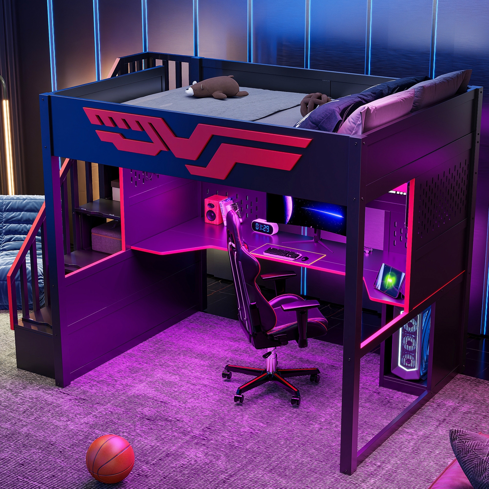 Full-Size Gaming Loft Bed with Built-In Desk & LED Light Strip, Wooden Loft Bed Frame with Storage Staircase & USB Charging Port