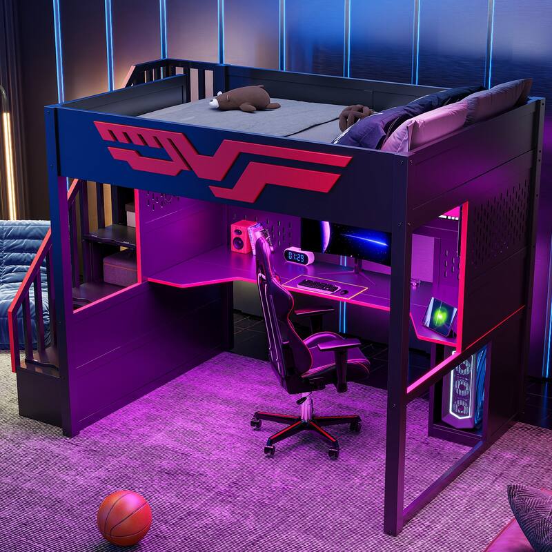 Full Size Gaming Loft Bed with Storage Staircase, Computer Desk, Storage Shelf, LED Lights and USB - Red Black - Full