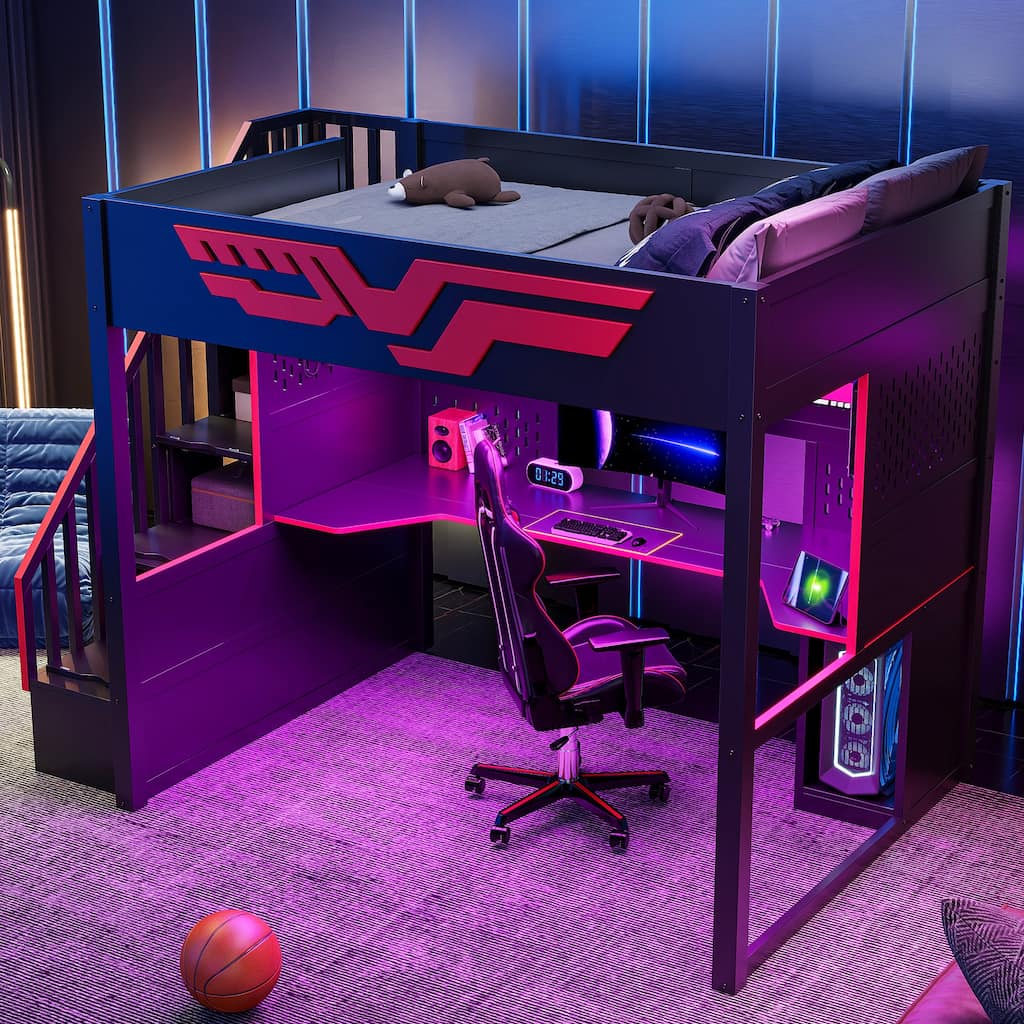 Full Size Gaming Loft Bed with Storage Staircase, Computer Desk, Storage Shelf, LED Lights and USB