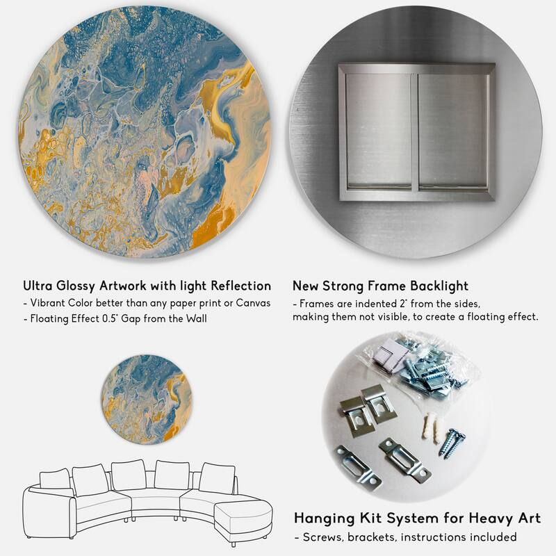 Designart 'Brown And Blue Marble Waves' Modern Metal Circle Wall Art