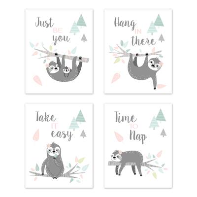 Sweet Jojo Designs Pink Grey Jungle Sloth Leaf Wall Decor Art Prints (Set of 4) - Blush Turquoise Gray Green Tropical Rainforest