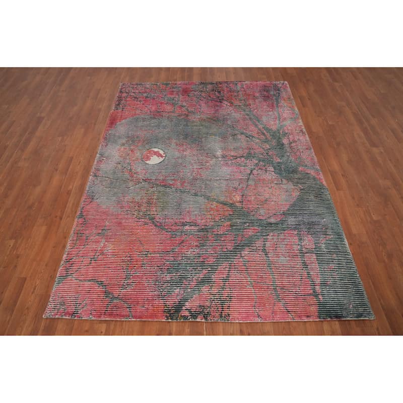 Hand Knotted Oriental Viscose Silk Carpet Modern Pictorial Pink Abstract Area Rug - 7' 7'' X 5' 6''