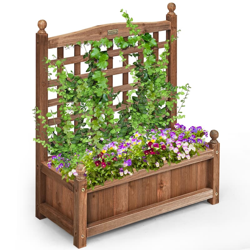 Costway Solid Wood Planter Box with Trellis Weather-Resistant Outdoor - 25'' (L) X 11'' (W) X 30'' (H) - Brown - 25'' (L) X 11'' (W) X 30'' (H)