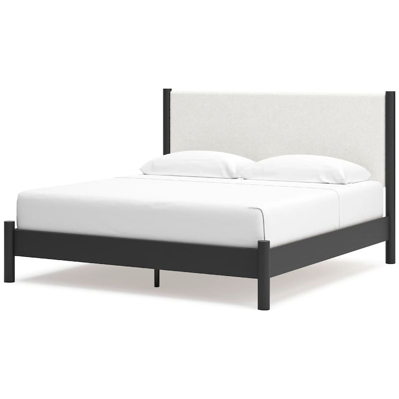 Mooran King Size Bed, White Polyester Upholstery, Modern Black Wood