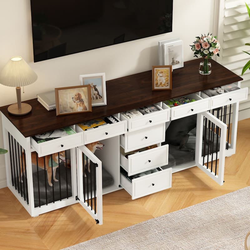 Large Dog Crate Furniture 89" Wooden Double Dog Crate Kennel Furniture - 89"W