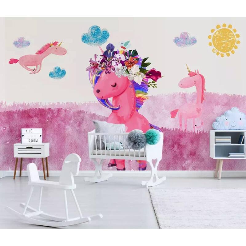 GK Wall Design Cartoon Unicorn Pink Little Horse Kids Removable Wallpaper