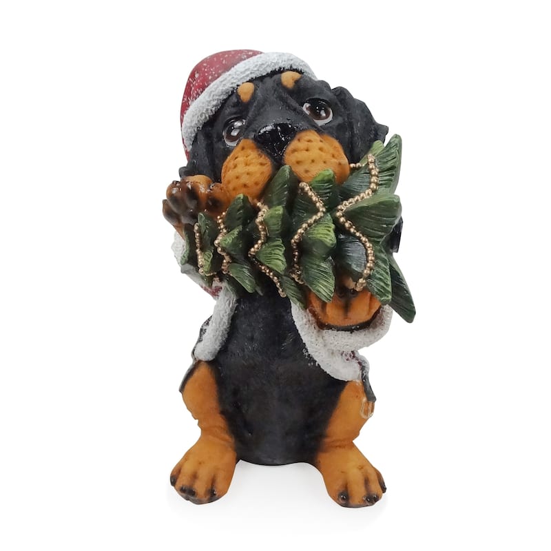 Christmas Santa Black and Tan Puppy Statue w/ Pine Tree - 11" H