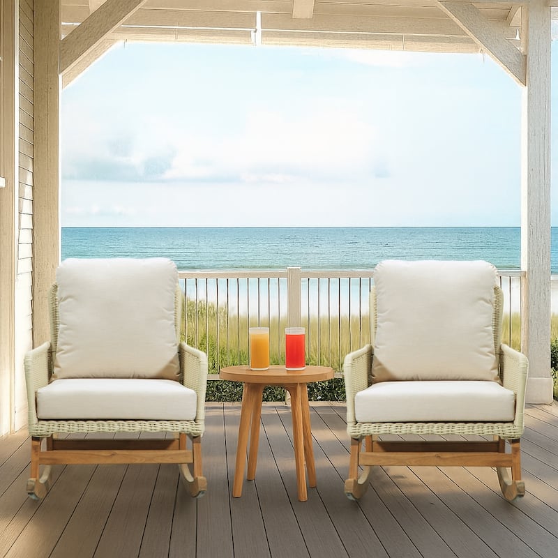 Classic Stylish PE Rattan Wicker Rocking Chair with Cushions and Solid Wood Legs, For Indoor and Outdoor Use