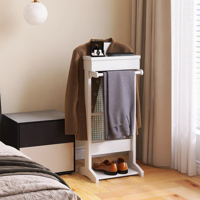 Garment Rack Clothes Valet Stand with Storage Organizer - White